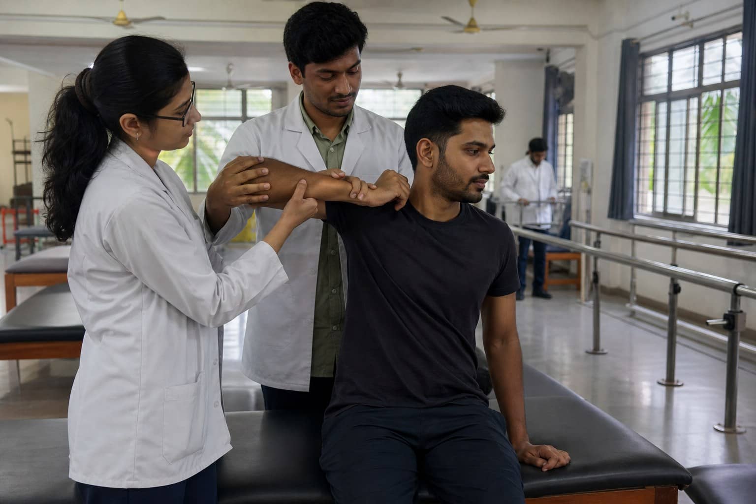 Representational illustration of physiotherapy students examining a patient's shoulder in a clinic