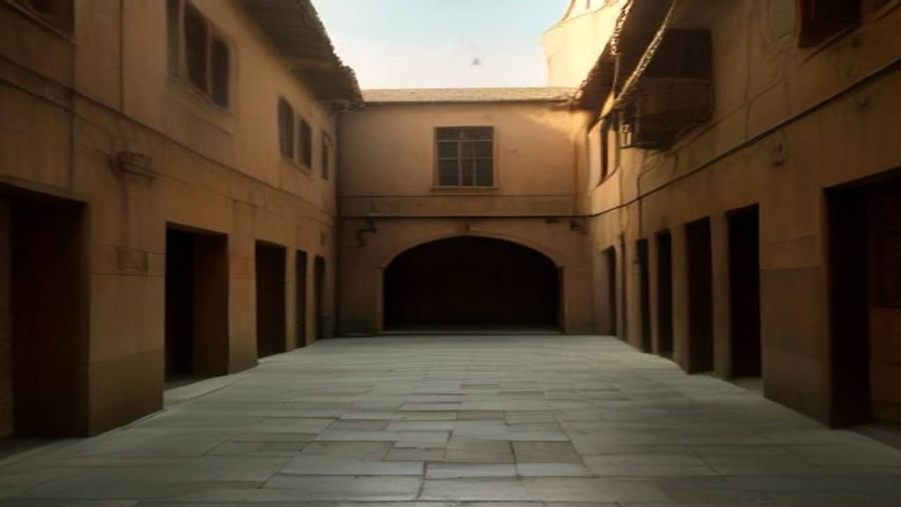 Photorealistic empty North Indian university hostel courtyard with ochre plaster buildings, stone paving and trees, no people and no readable signs