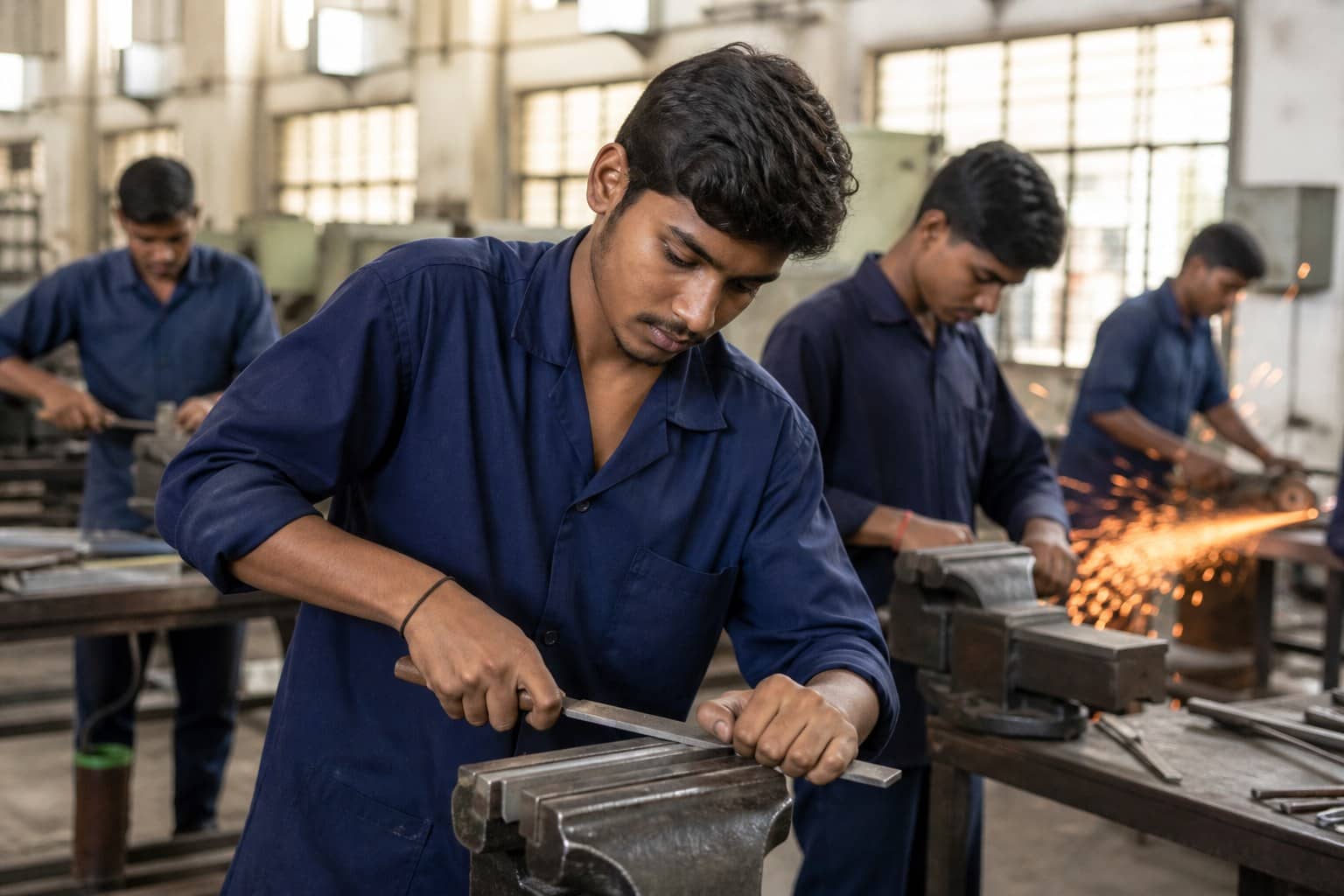 Representational illustration of ITI students in blue uniforms filing metal at workshop vises