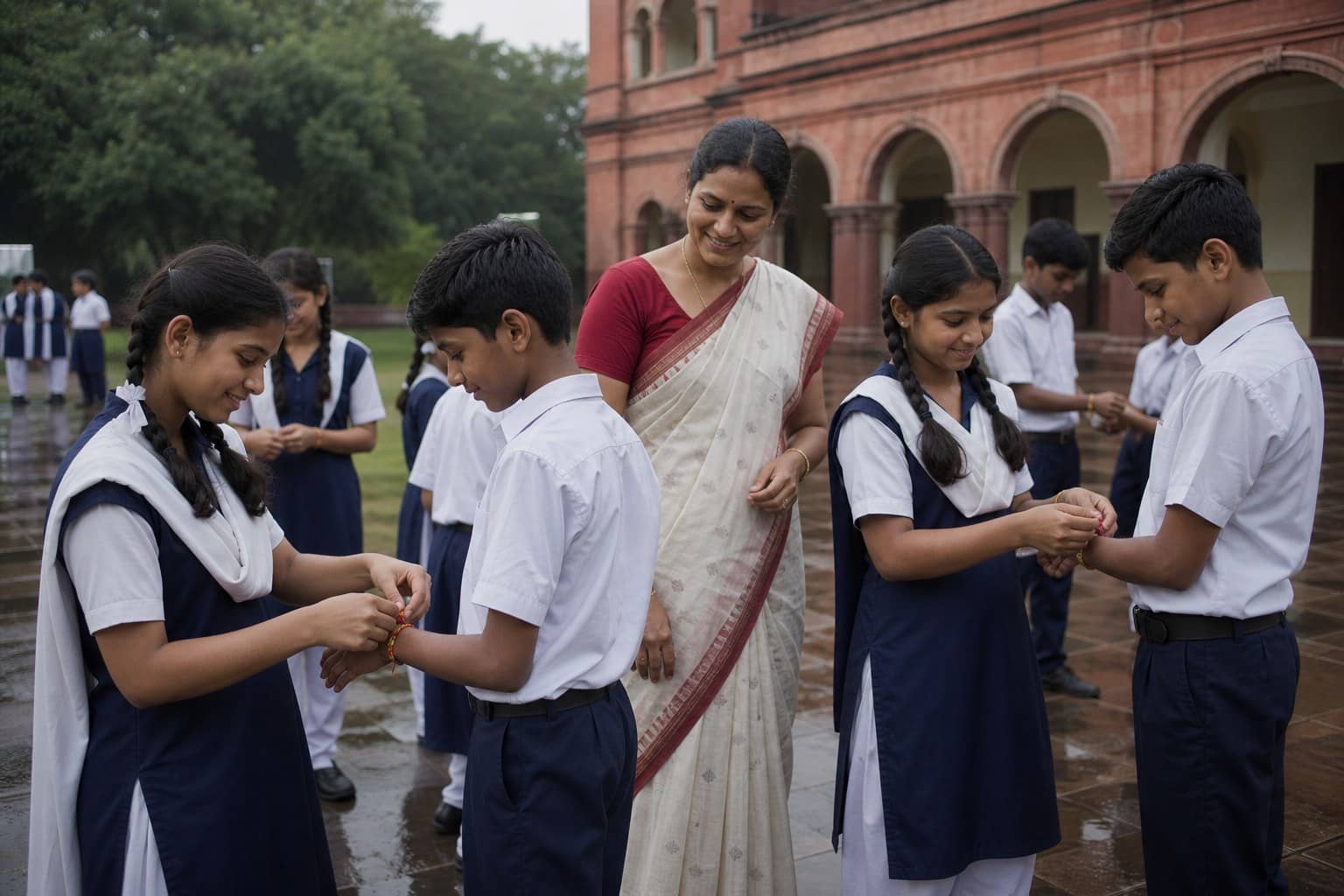 Representational illustration of school students tying rakhis in a courtyard with a teacher looking on