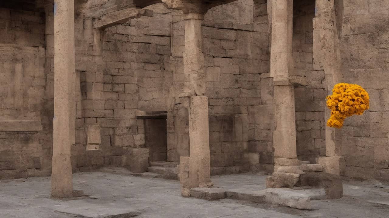 Photorealistic empty stone temple courtyard with a wooden floral swing hung with marigolds, swing empty of any idol, no deity face and no readable plaques
