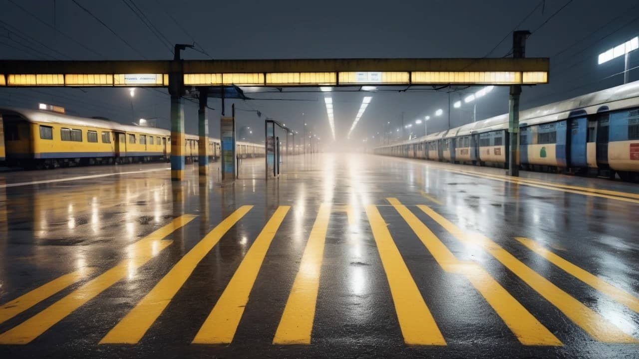 Photorealistic empty railway station circulating area with wet asphalt and a station canopy, no people, no logos and no readable boards