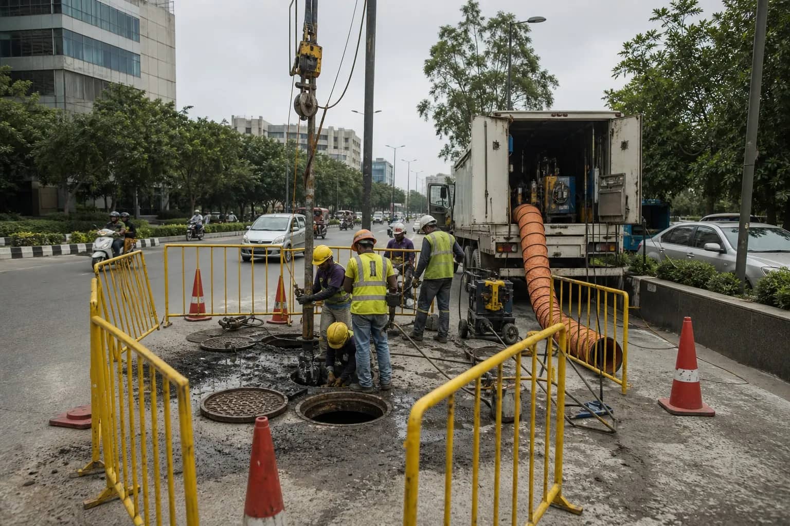 Sewer manhole on a Gurugram sector master road