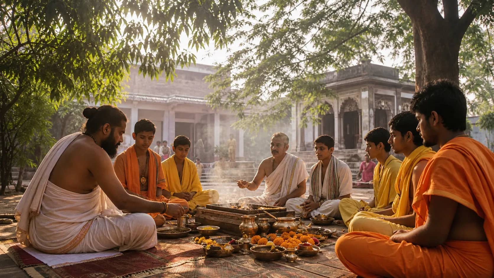 Vedic ritual beside a traditional ashram in rural Varanasi