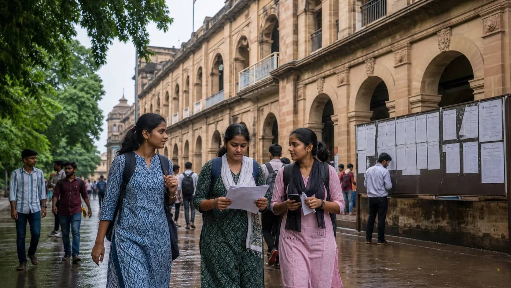 Students outside a university history department building in Varanasi
