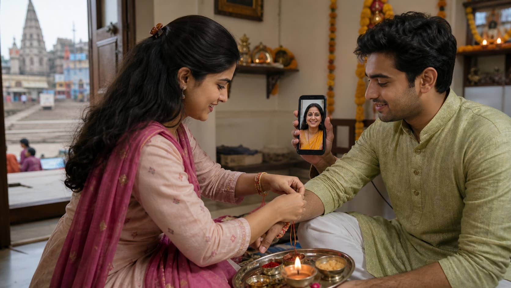 A family in Varanasi celebrating Raksha Bandhan while relatives join by video call