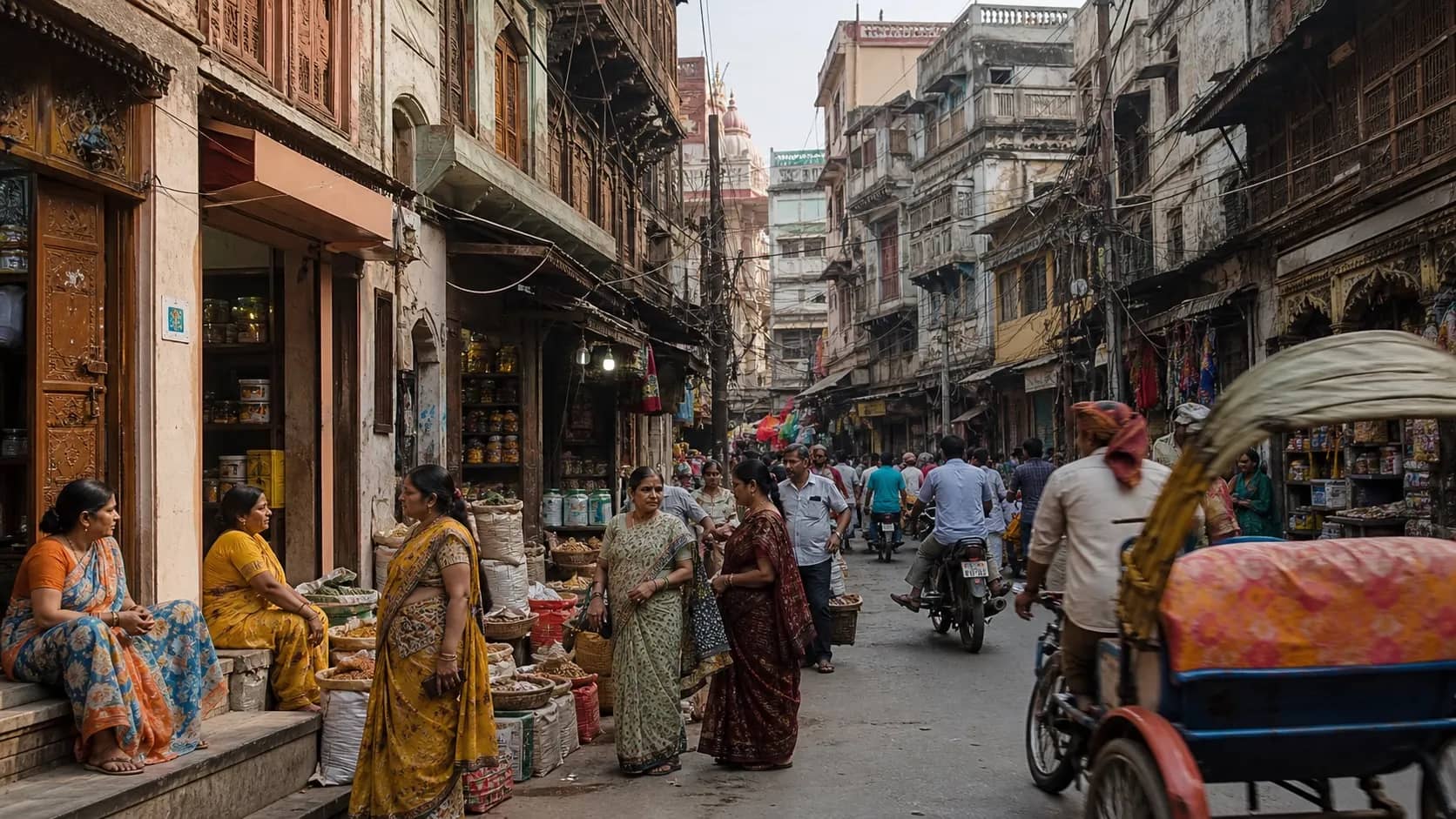 Busy Dalmandi market lane in Varanasi with shops and pedestrians