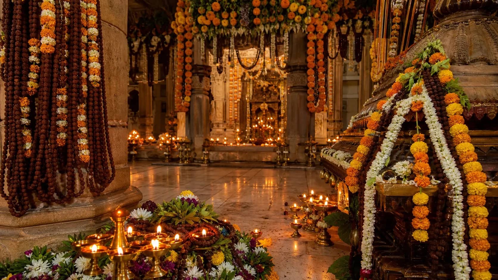 Rudraksha garlands decorating a temple sanctum in Varanasi