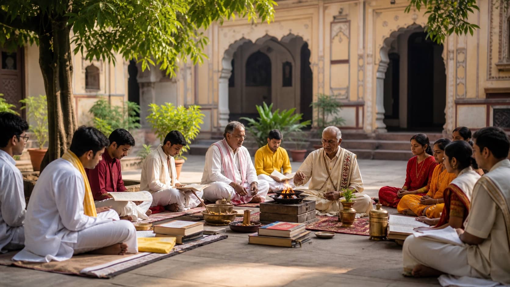 Sanskrit teachers and students taking part in a Vedic ceremony at a Varanasi university
