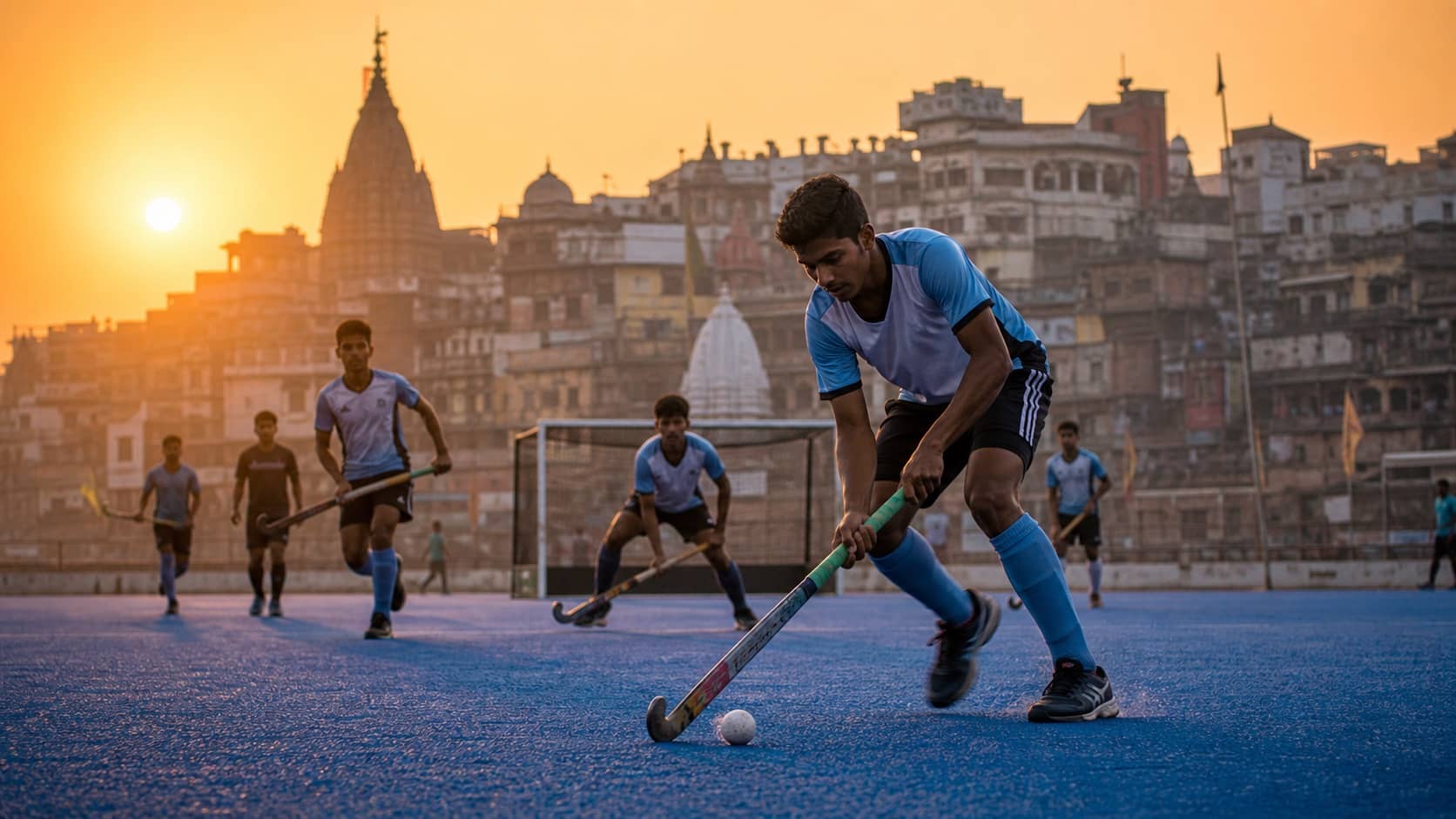 Young hockey players training on a sports field in Varanasi