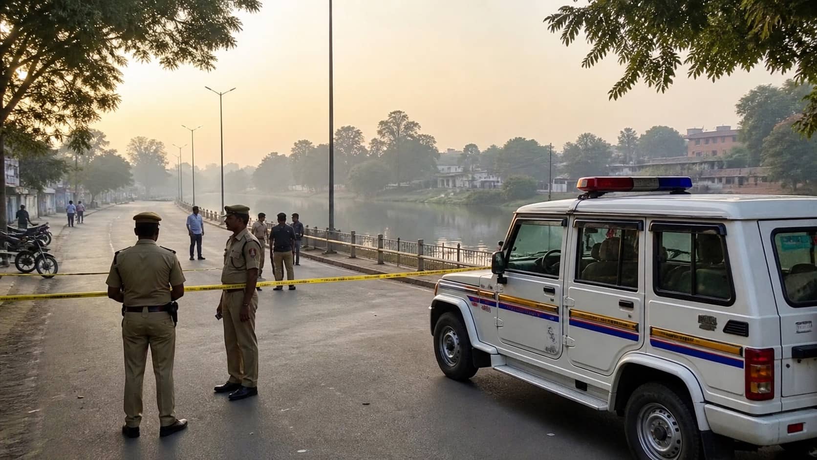 Police vehicle on a road near the Varuna corridor in Varanasi at dawn