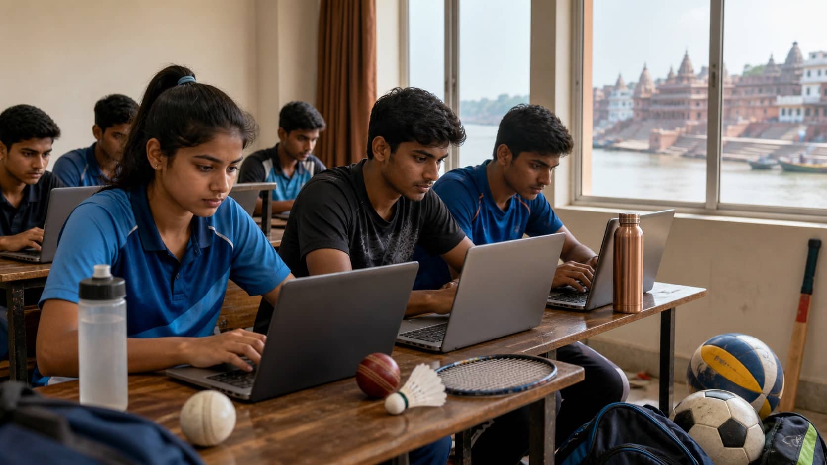 Young athletes in Varanasi taking an online sports quiz on laptops