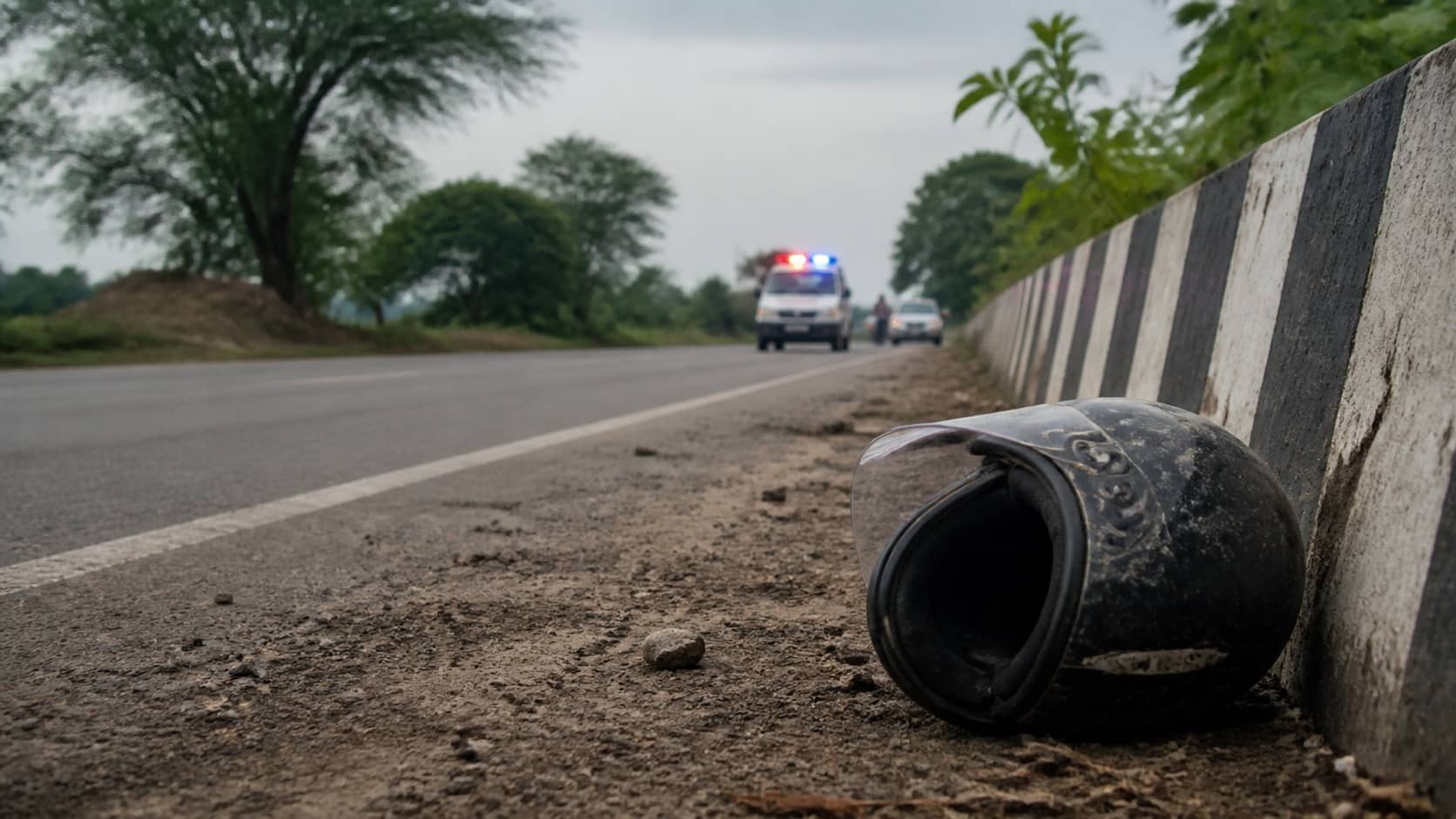 Motorcycle helmet beside a road divider on a rural Varanasi road