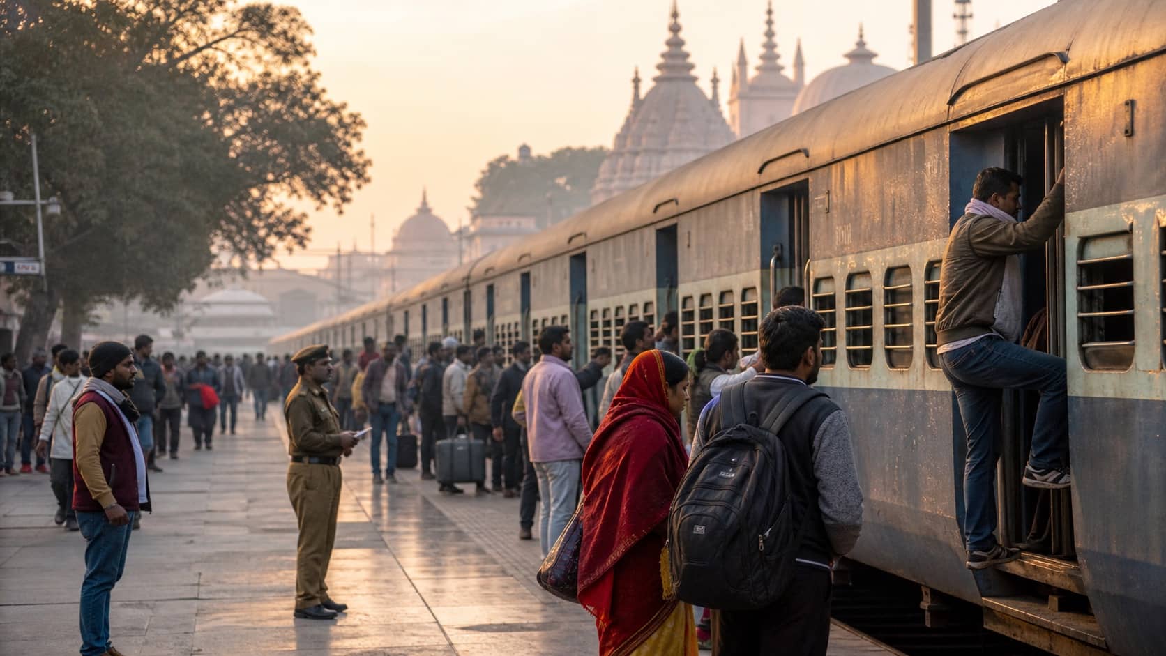 Passenger train at a platform in the Varanasi region