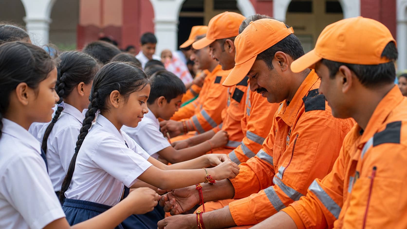 Students tying rakhis to disaster-response personnel in Varanasi