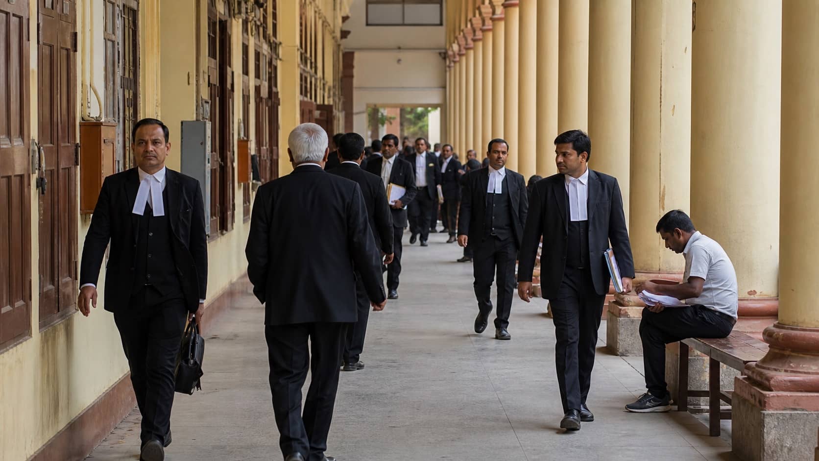 Exterior corridor of a district court complex in Varanasi