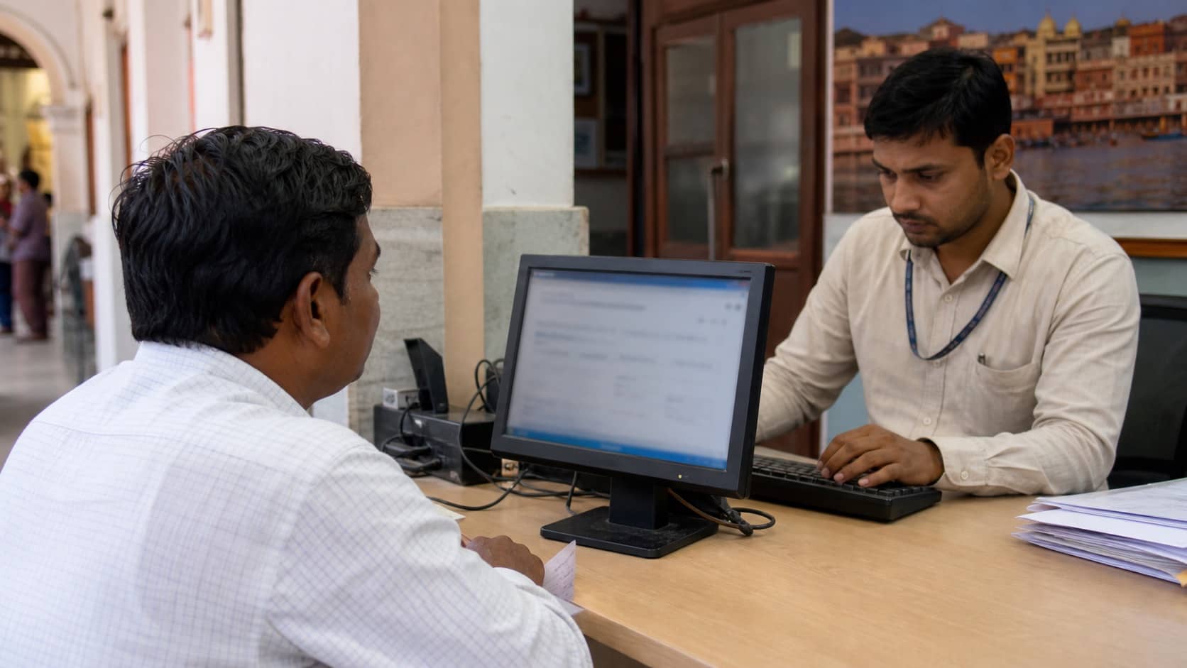 Citizen using an online grievance portal at a help desk in Varanasi
