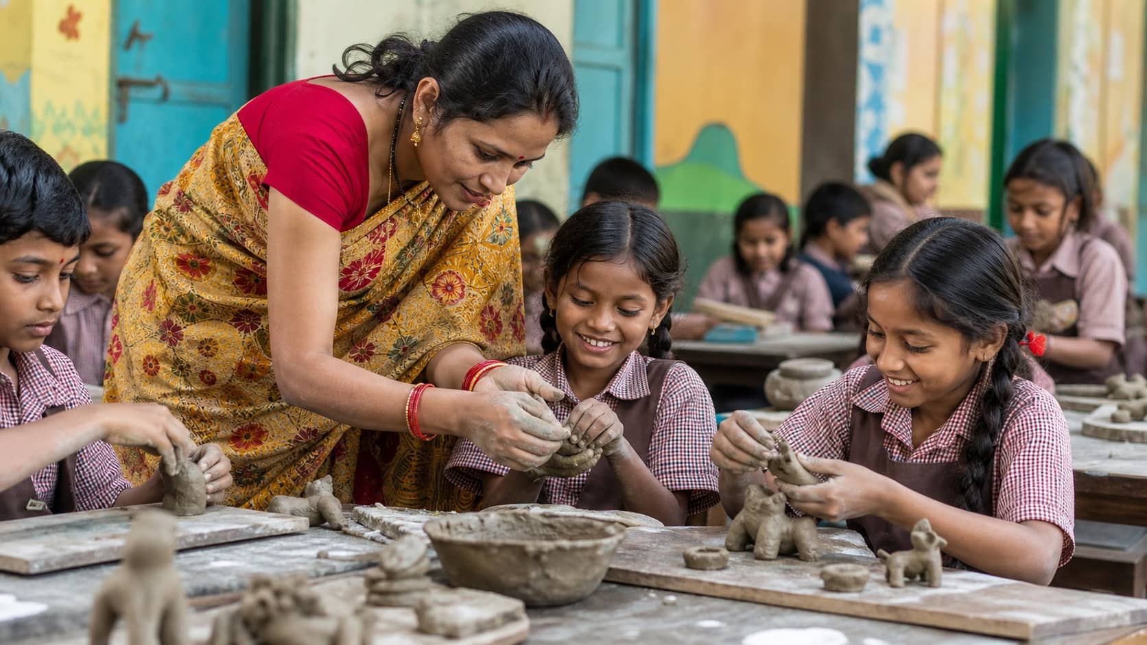 Schoolchildren making clay toys during a classroom workshop