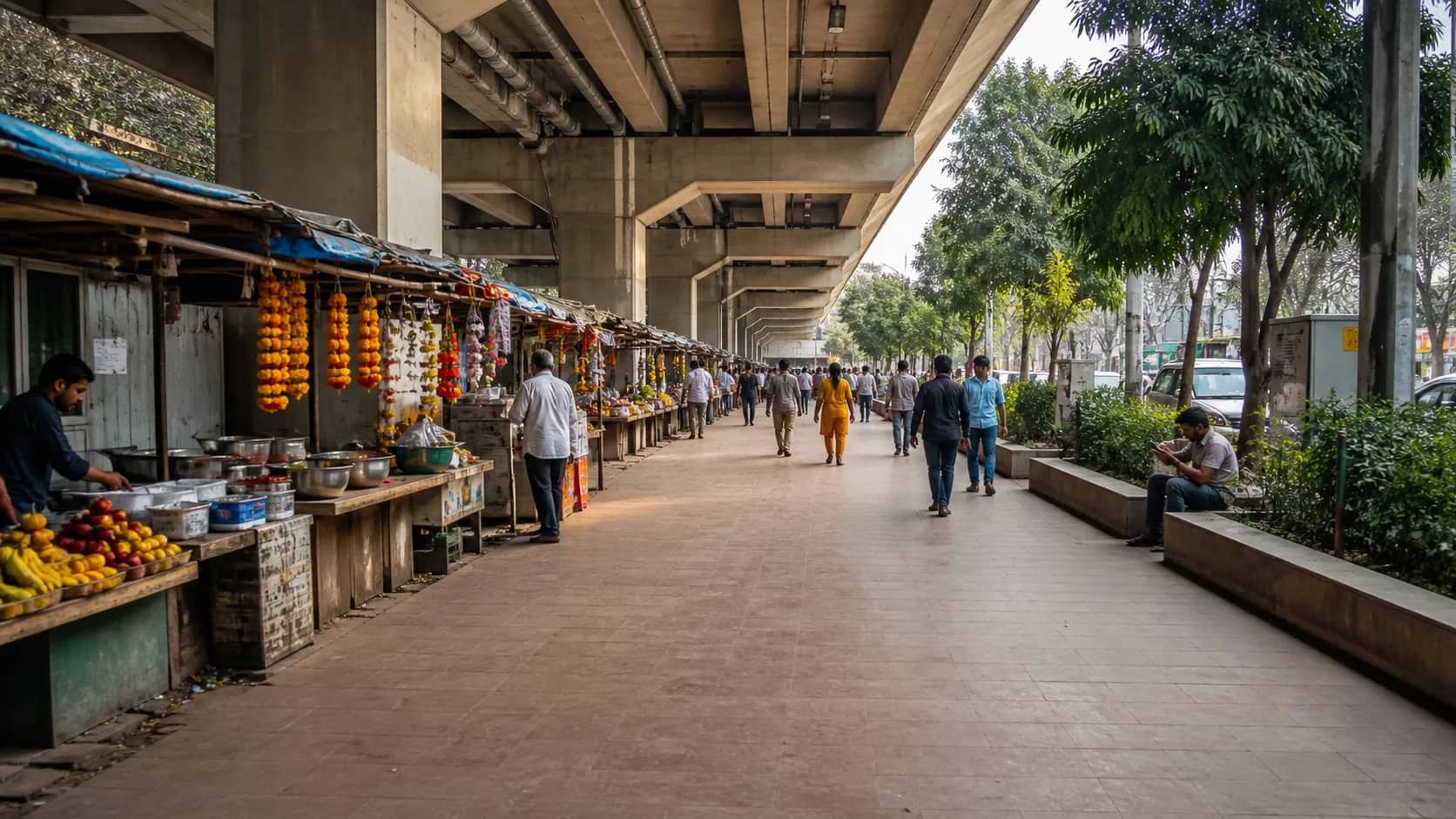 Organised street-vending stalls beneath an urban flyover in Varanasi