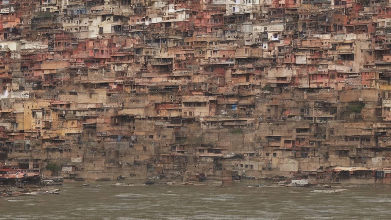 Photorealistic empty wet stone ghat steps and Banaras clay-tile rooftops under a grey overcast monsoon sky beside a wide brown river, no people, no readable signs