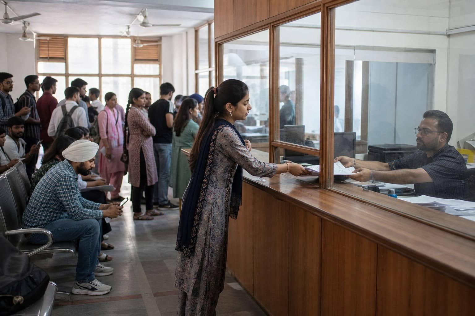 Representational illustration of a Faridkot-style admissions counter with an unmarked file stack