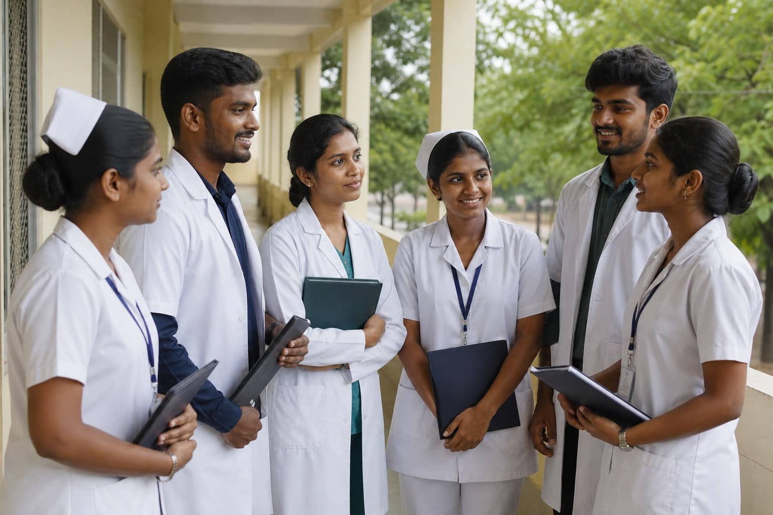 Representational illustration of a Tamil Nadu government-college counselling desk with nursing and pharmacy choice-filling papers