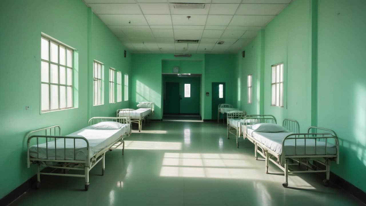 Photorealistic empty Indian community health centre ward with two metal beds made with white sheets, pale walls, daylight from a window, no people, no readable charts or logos