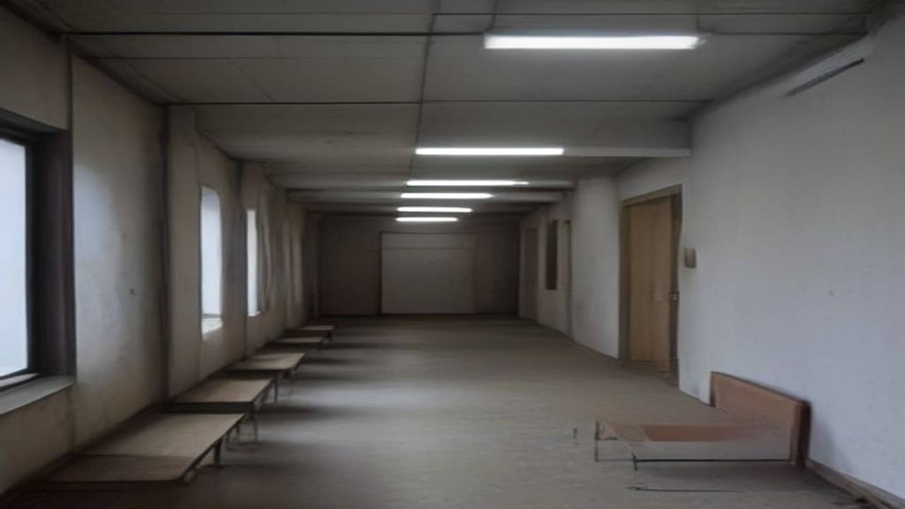 Illustrative photorealistic view of an empty North Indian police-station corridor with beige walls and fluorescent light, no people, no readable signs