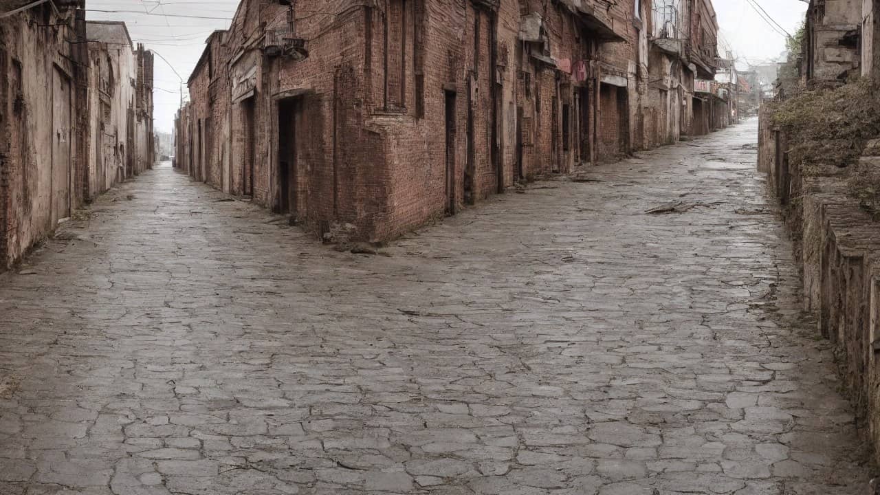 Illustrative photorealistic view of an empty narrow North Indian residential lane with wet stone paving, no people, no readable signs