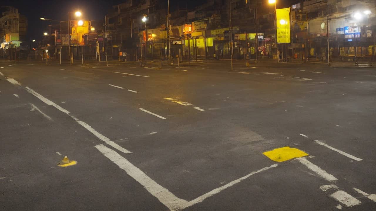 Illustrative photorealistic night view of an empty North Indian city crossing under street lamps, wet asphalt, no people, no readable signs