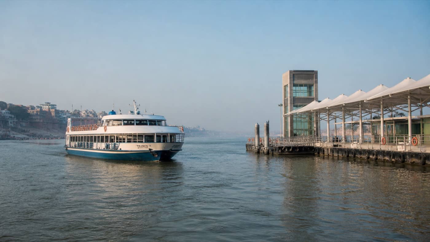 Passenger cruise vessel sailing on the Ganga near Varanasi ghats