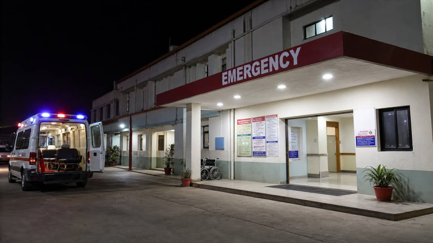 Emergency entrance of a community health centre in Varanasi at night