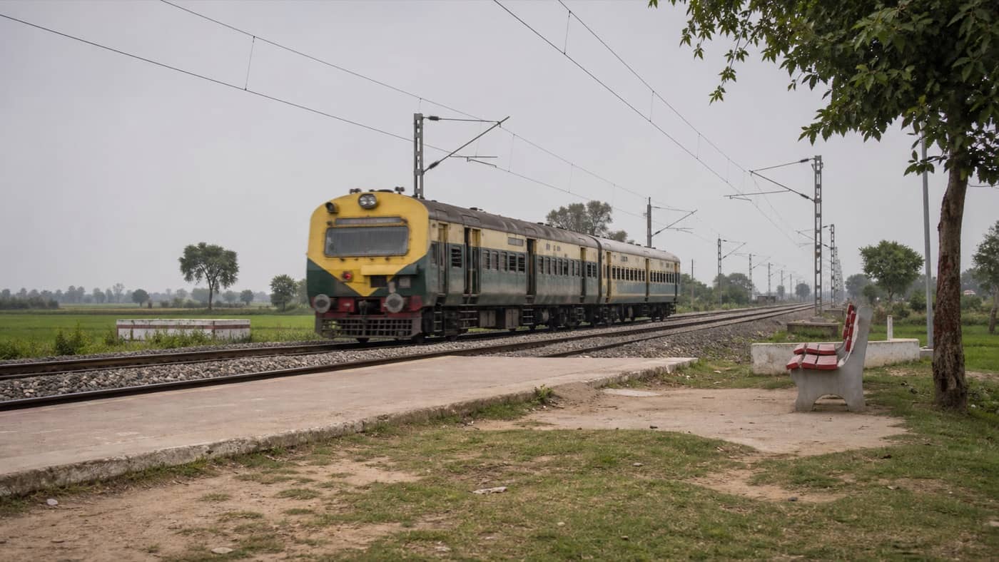 MEMU passenger train travelling through a railway halt in eastern Uttar Pradesh