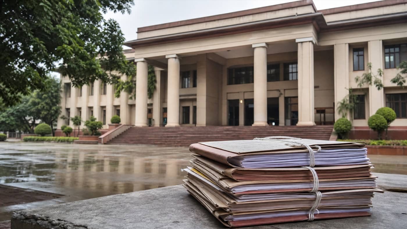 Varanasi district court building and case files on a desk