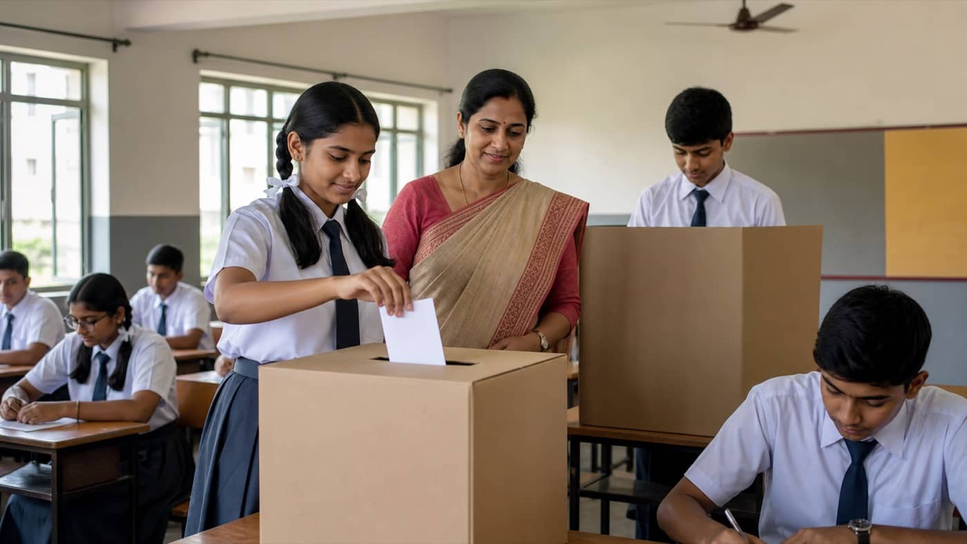 School students lining up at a mock polling desk in Varanasi