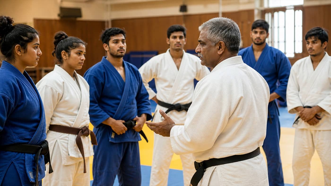 A judo coach guiding young athletes during training in an indoor sports hall