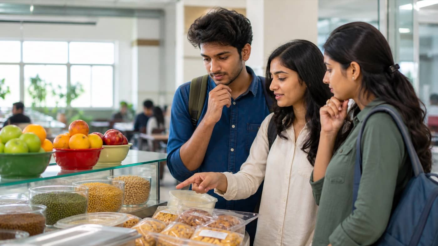 Young adults choosing between fresh produce and packaged snacks at a food counter