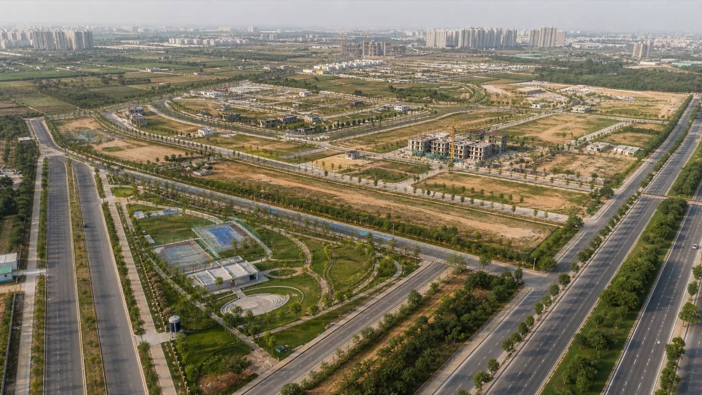 Aerial view of a planned green residential township with a broad road network