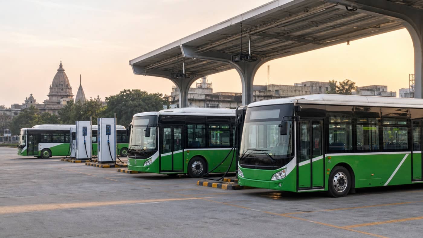 Electric city buses parked at a charging depot in Varanasi