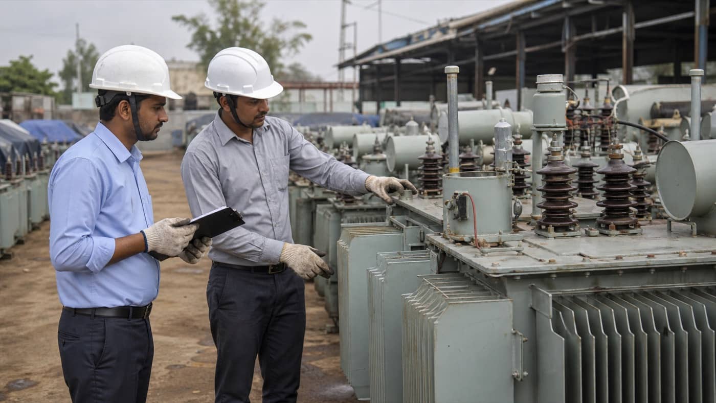 Electrical utility workers inspecting distribution transformers at a regional workshop