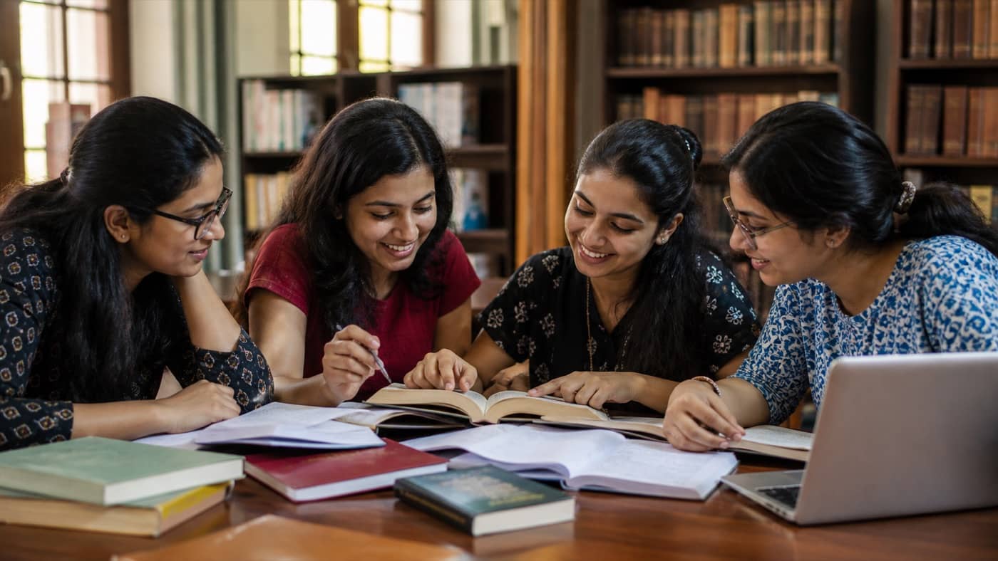 Young women studying together in a Varanasi college library