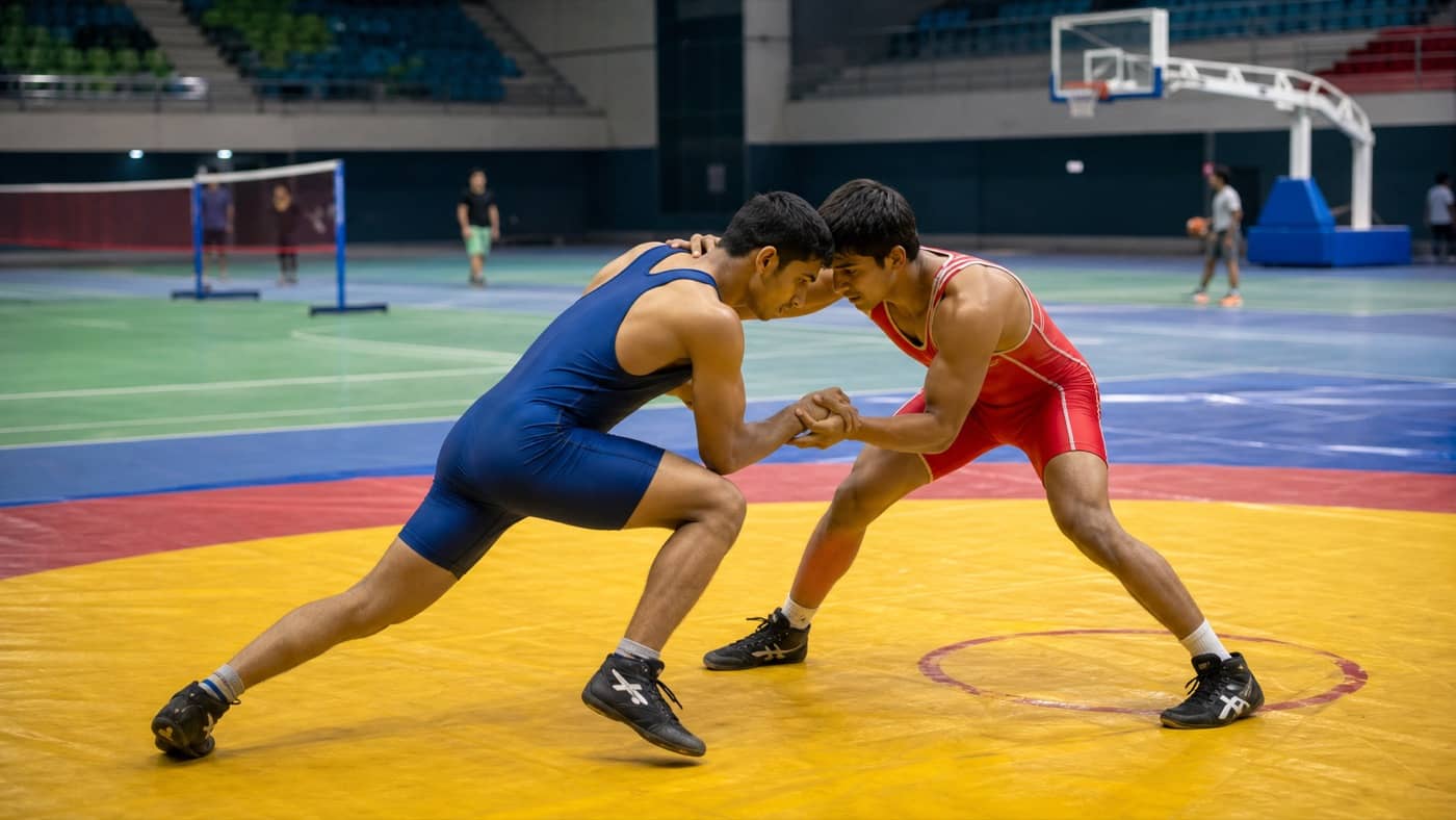 Young wrestlers competing on a mat at a Varanasi sports complex