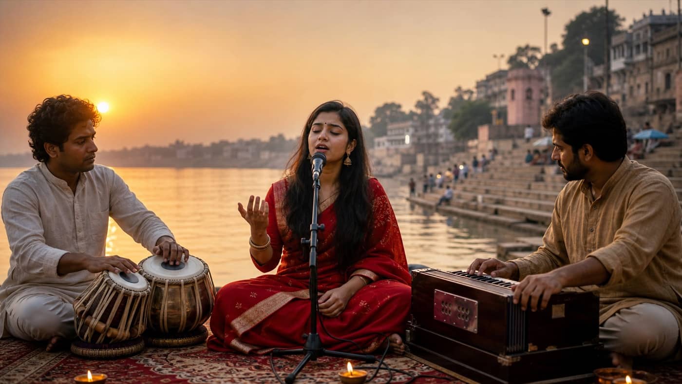 Indian classical vocalist performing at sunrise on Assi Ghat