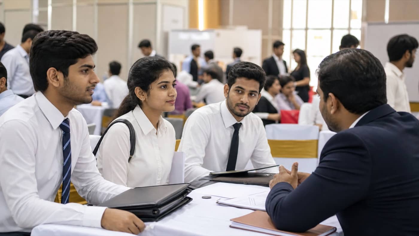 Young job seekers speaking with recruiters at an employment fair