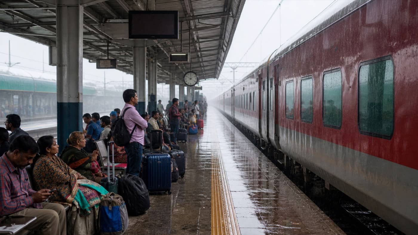 Passengers waiting beside a delayed long-distance train at Varanasi station