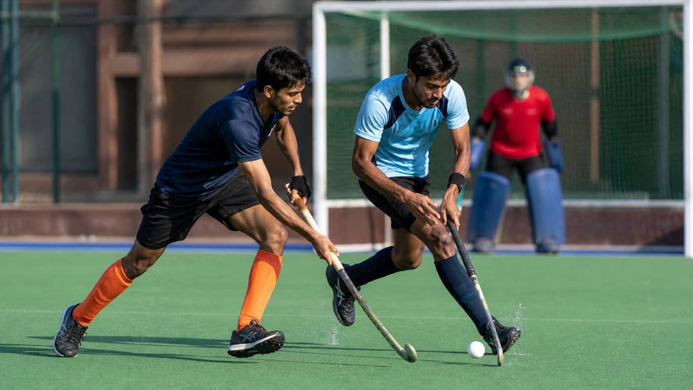 Field hockey players competing during a university match in Varanasi