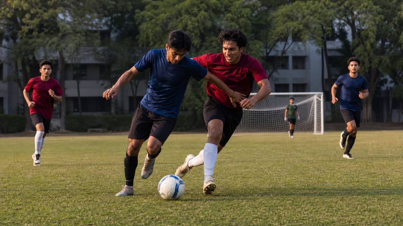 University footballers contesting a match on a green field in Varanasi