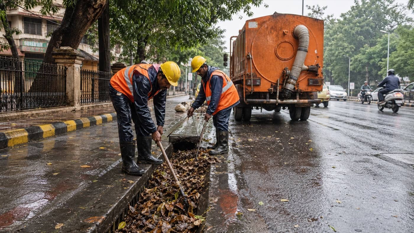 Municipal workers clearing a blocked roadside drain after rain in Varanasi