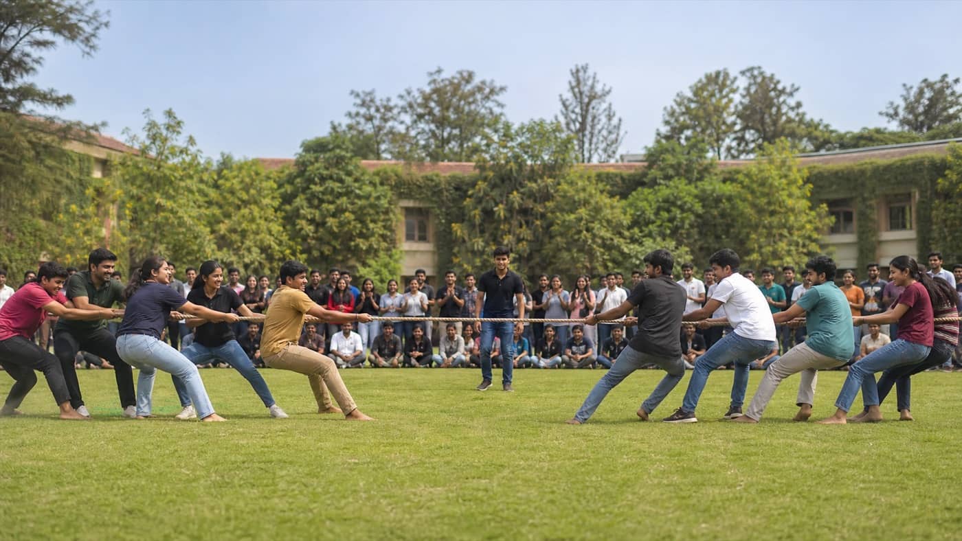 University students competing in a tug-of-war on a Varanasi campus