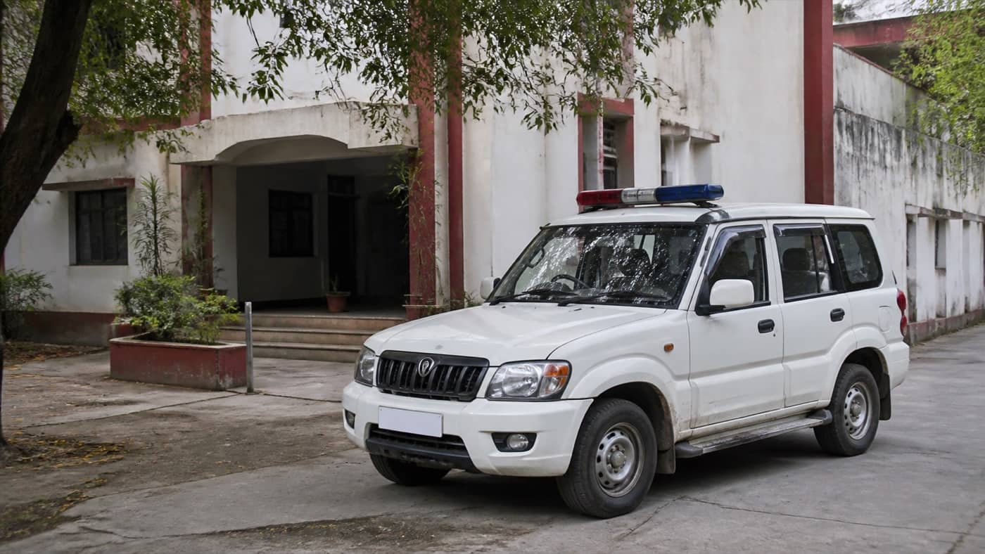 Police vehicle outside Sarnath police station in Varanasi